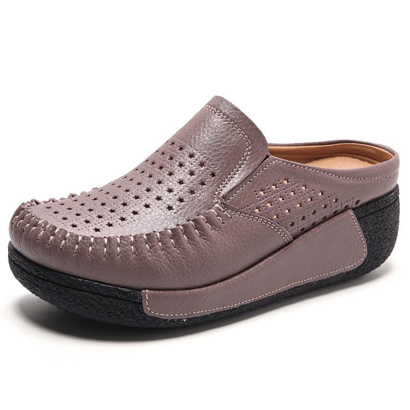 Кожаные толстоподошвенные туфли с вырезами, повседневные тапочки на танкетке, женские сандалии с закрытым носком и открытой пяткой