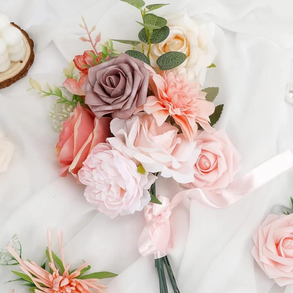 Розовый набор искусственных роз, свадебный букет, centerpiece для DIY на открытом воздухе/в помещении, цветы для декора