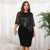 Women's Sleeveless Cape Dress with Sequin Overlay Oversized Sequin Bodycon Pencil Dress Ladies Evening Midi Dress