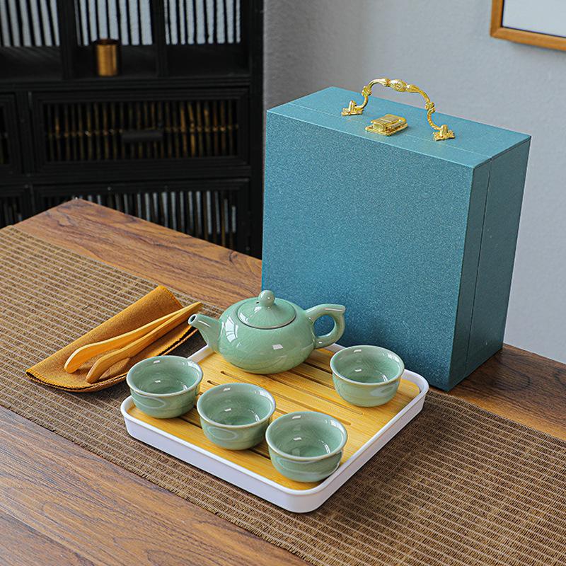 Travel Portable Kung Fu Tea Set Gift Tea One Pot Four Cups Tea Tray Office Porcelain Carving