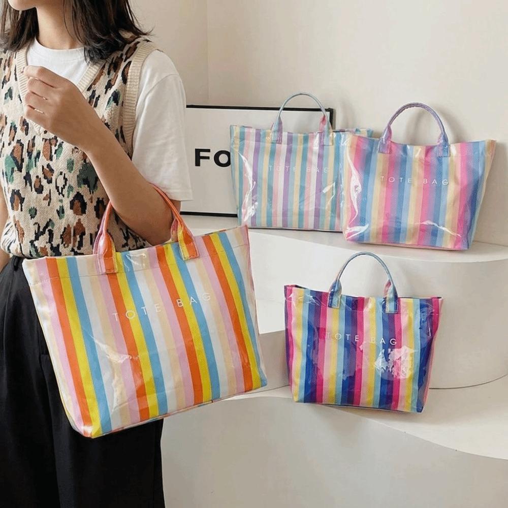Large Capacity Striped Tote Bag Colorful Shoulder Bag Multi-Functional PVC Handbag Daily