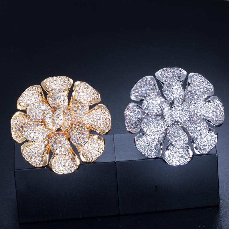 CMM Luxury Cubic Zirconia Nigerian Gold Color Statement Large Flower Finger Rings For Women Wedding Prom Jewelry