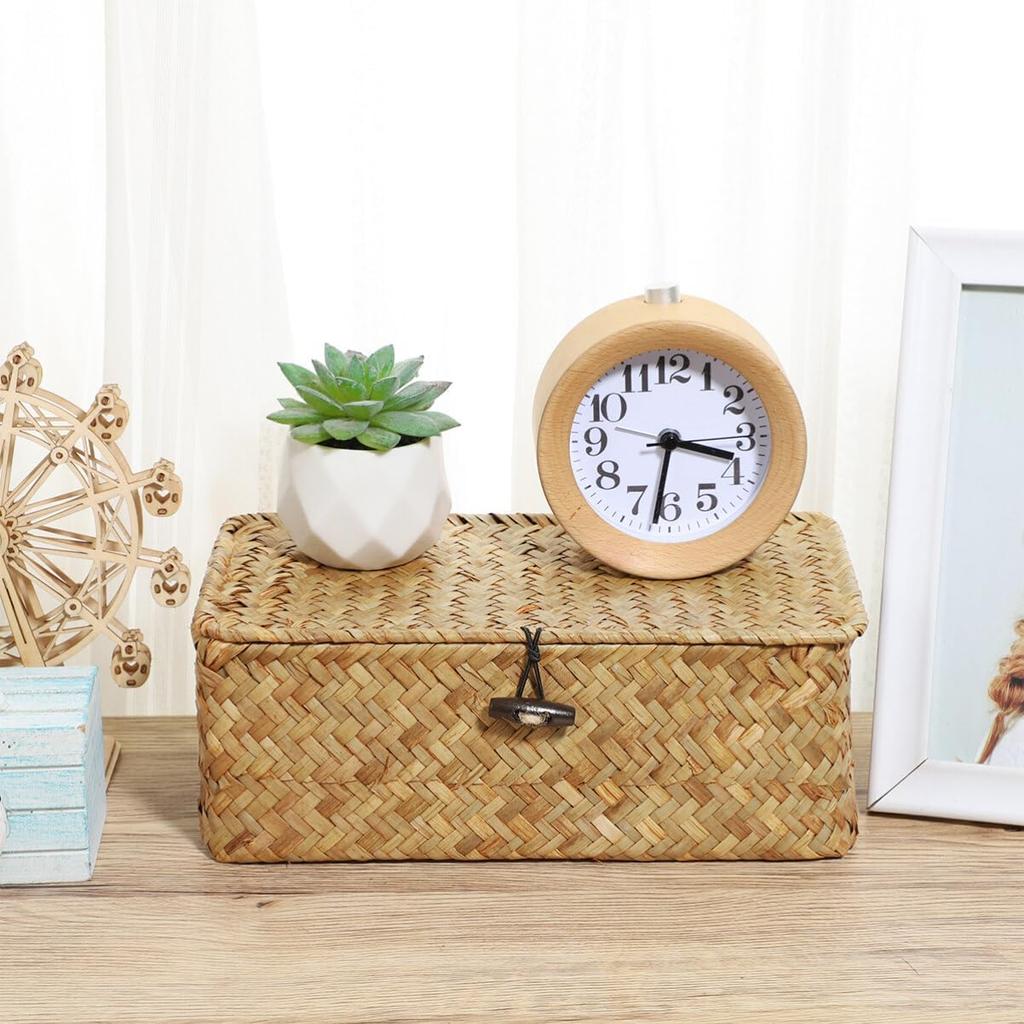 IMIKEYA Woven Storage Box Wicker Storage Bins with Lid Seagrass Basket Desktop Hand- Woven Box for Home Office Shelf Organizer