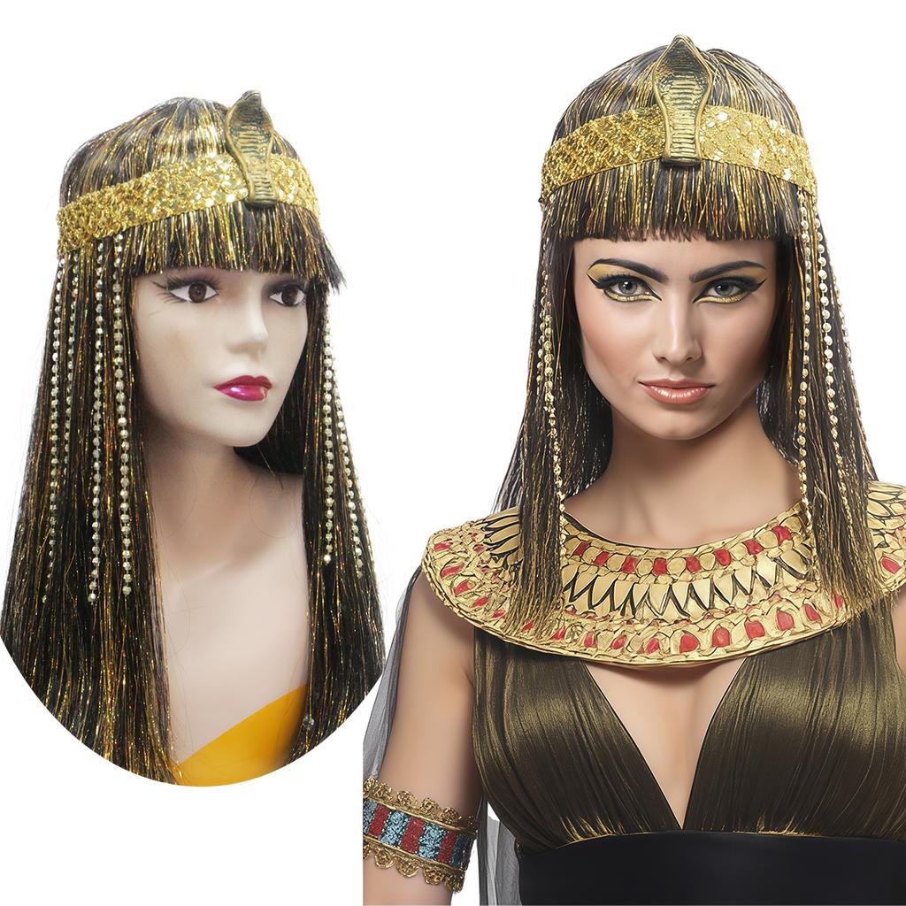 Новый модный косплей-парик египетской царицы - Золотой головной убор в виде змеи, Золотой дождь шелк, Черный длинный прямой синтетический парик