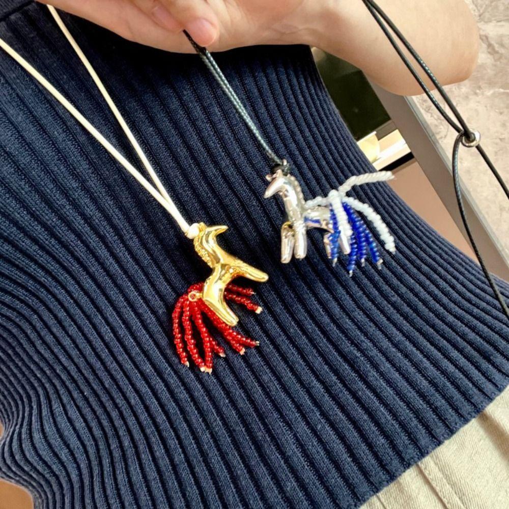Long Wax Rope Necklace Horse PU Leather Necklace Unique Pony Pendant Necklace  Women
