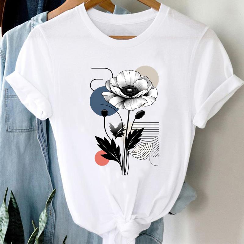 (Asian Size) Flower Love Heart Short Sleeve T Shirt Women Tee Top Clothing Casual Fashion Print Lady Female Graphic T-shirts