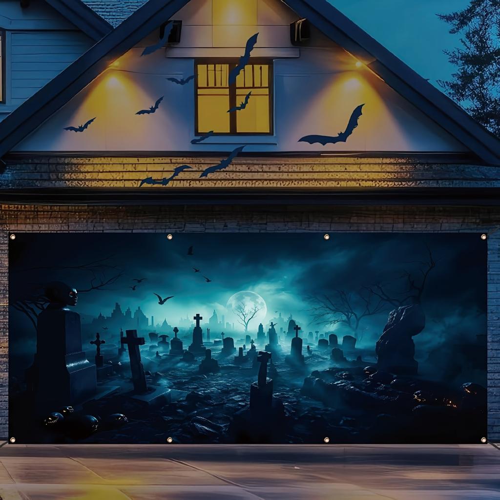 Halloween garage door banner background, full moon horror cemetery landscape with bats, polyester, holiday wall decoration