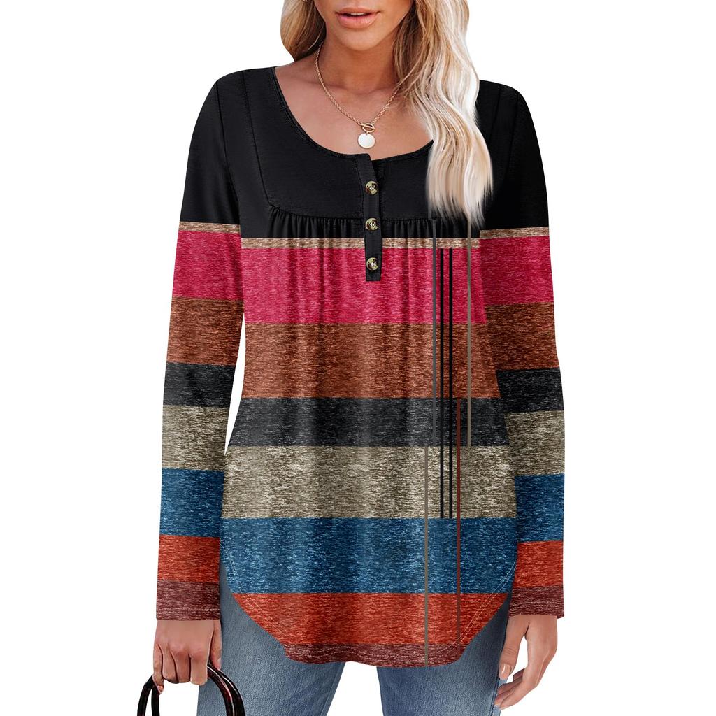 Женская туника с длинным рукавом, свободные топы, повседневные топы оверсайз, плиссированная туника, застегивающаяся на пуговицы, повседневные женские топы с принтом