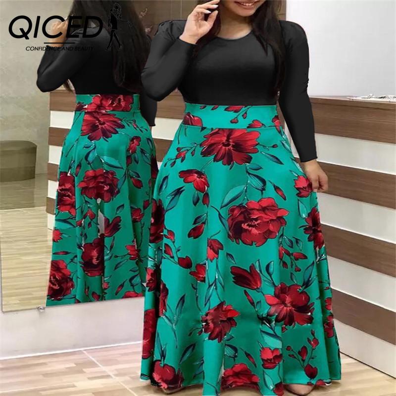 QICED Floral Print Patchwork Long Sleeve Bohemian Dress Women Spring Autumn O-Neck Big Swing Long Dresses
