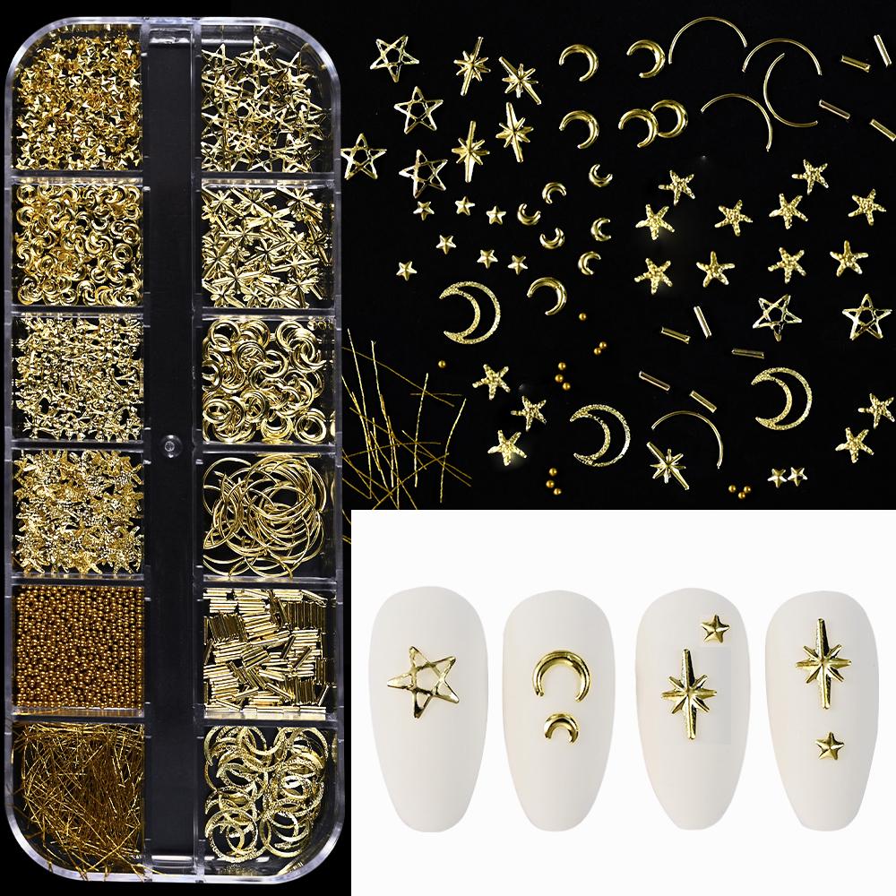 12Grid/box Золотые Серебряные Полукруглые Бусины Икры Подвески для ногтей 1/2/3/5 мм Плоские Круглые Стальные Бусины для ногтей Микро Шарики Маникюрные Бусины