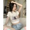Women Short Sleeve Crop Tops Cat Print Crew Neck Slim Fit T-Shirts Summer Casual Exposed Navel Shirts Streetwear