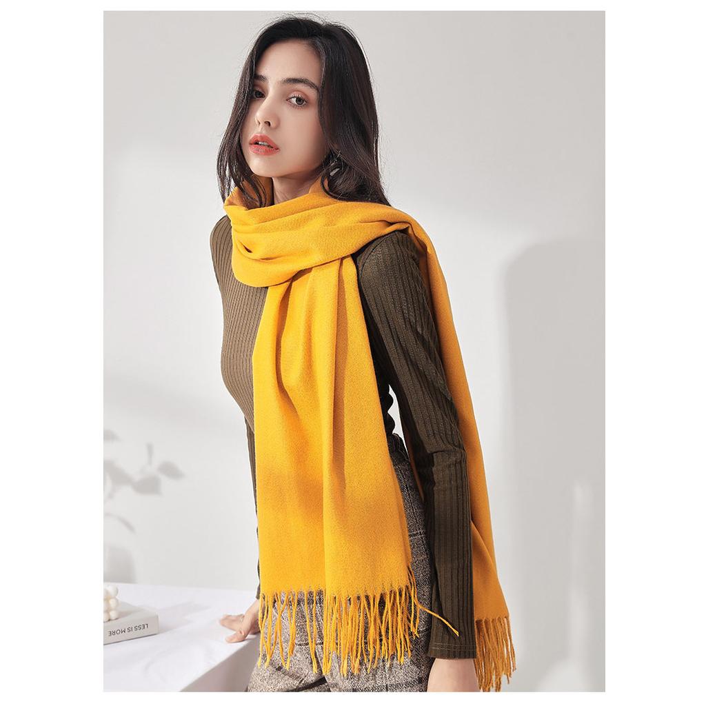 Осень-зима 2021, новый однотонный шарф из искусственного кашемира средней длины, теплый милый модный шарф с кисточками