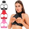 Womens Open Cup Underwired Bra Crop Top Fashion Rivet O Ring Halter Backless Vest Wet Look Patent Leather Camisole Tops Clubwear