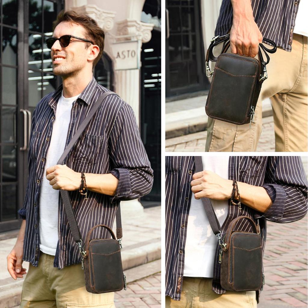 Genuine Leather Men Small Shoulder Bag Vintage Crossbody Messenger Bag With Phone And Card Holder Handbag