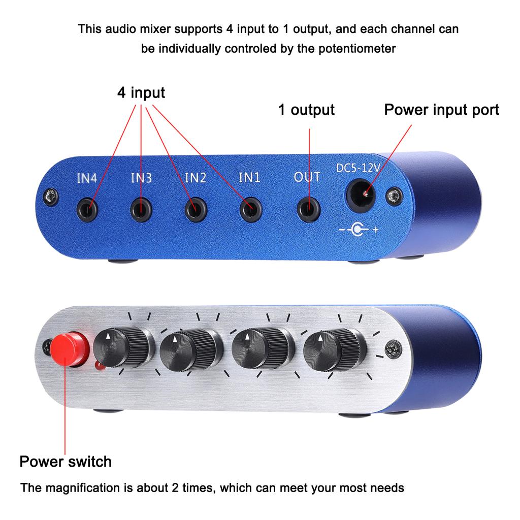 3.5mm Audio Mixer Stereo Audio Mixer 4 Input To 1 Output Individually Controls Sound Mixing Tool Headphones Amplifier