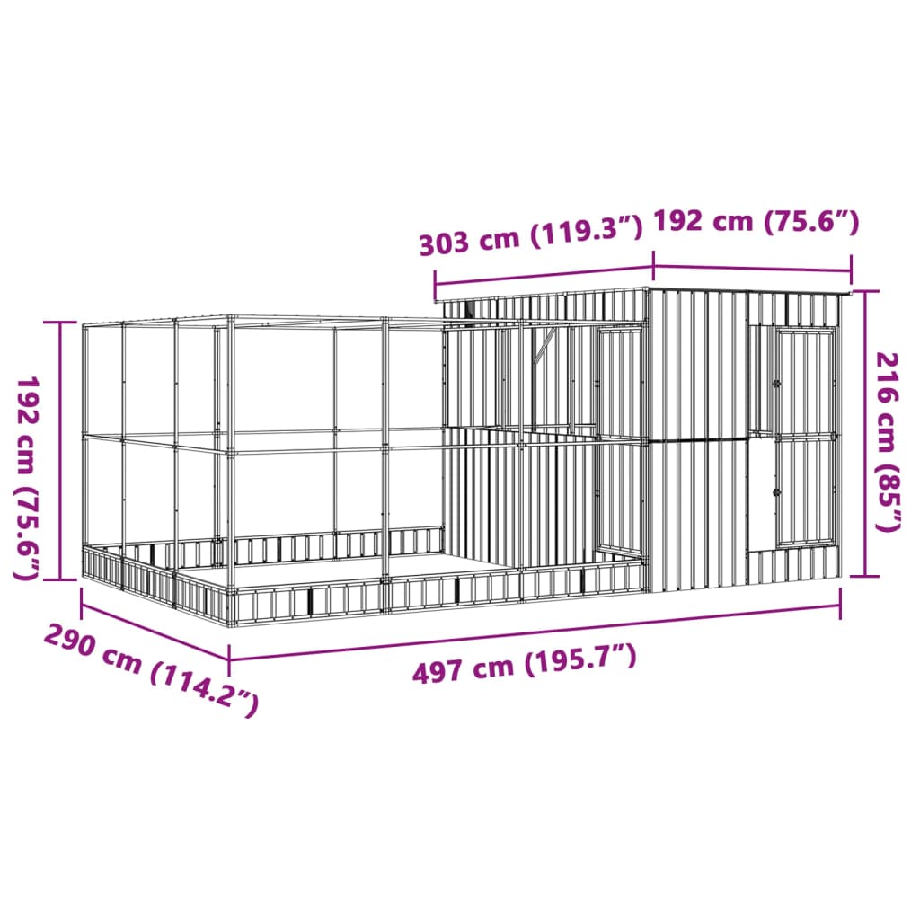 Aviary with Extension Silver 497 x 303 x 216 cm Steel