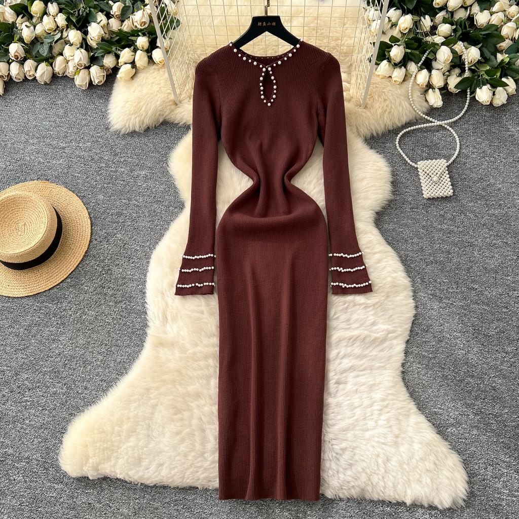 Autumn Spring Women Full Sleeve Luxury Beading Knitted Sweater Party Dress Long Midi Sheath Bodycon Pullover Dresses
