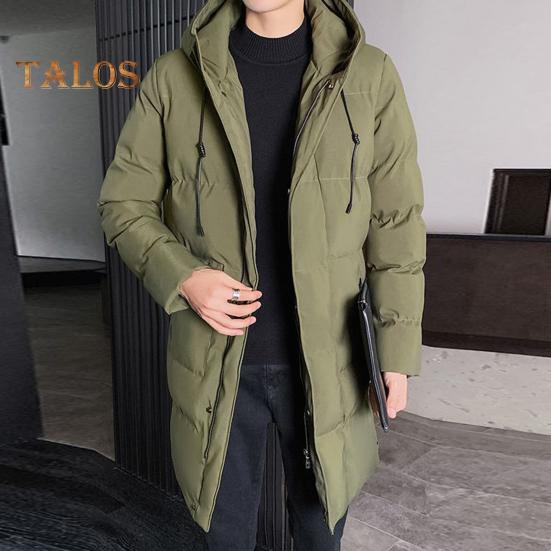 Men Cotton Coat Hooded Drawstring Long Sleeve Full Zipper Closure Cotton Jacket with Side Pockets Solid Color Mid-length Winter Outwear