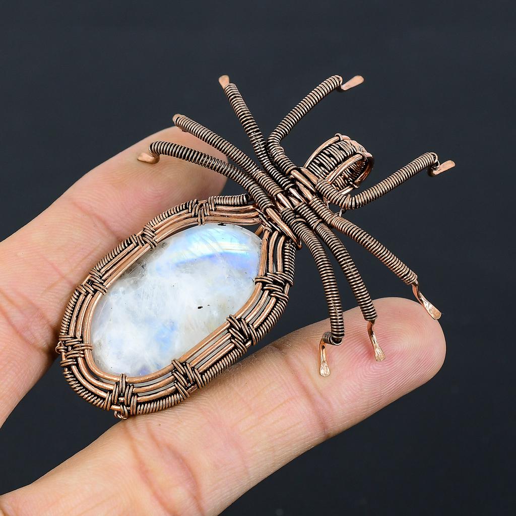 Подвеска-паук из натурального радужного лунного камня, медная проволока, 2,56 дюйма, M1b28