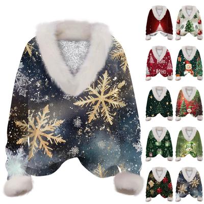 Женская толстовка с длинным рукавом, рождественским принтом, плюшевым воротником, V-образным вырезом, пуловер