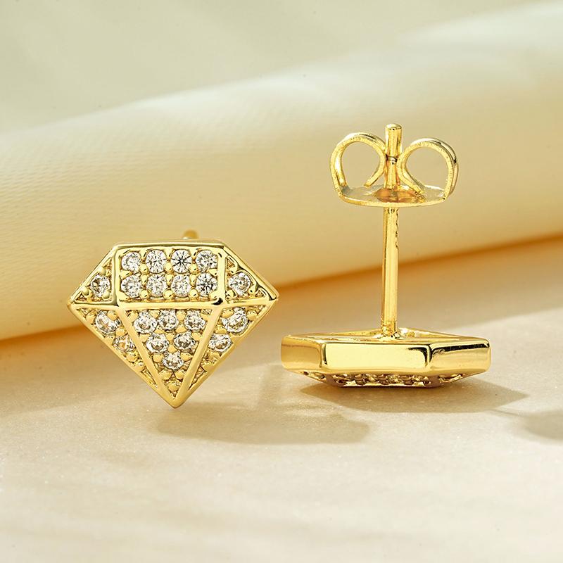 Rrjzz Sparkling Diamond Shaped 14k Gold Plated Unique Earrings Fashion CZ Simulated Diamond Ear Stud for Women Men Jewellery