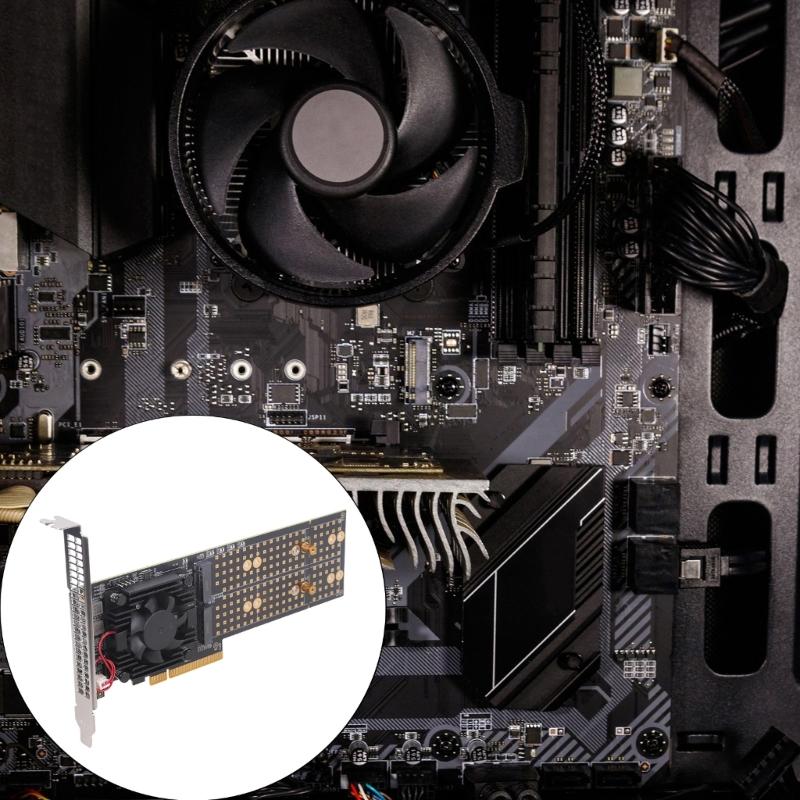 PCIe3.0 NVMe Expansion Card For Four SSDs Setups No BIOS Configuration Required Active Fan Cooling Universal Mounting