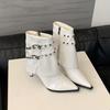 Pointed thin heel short boots women's 2025 autumn and winter white rivet belt buckle elastic thin boots high heel single boots