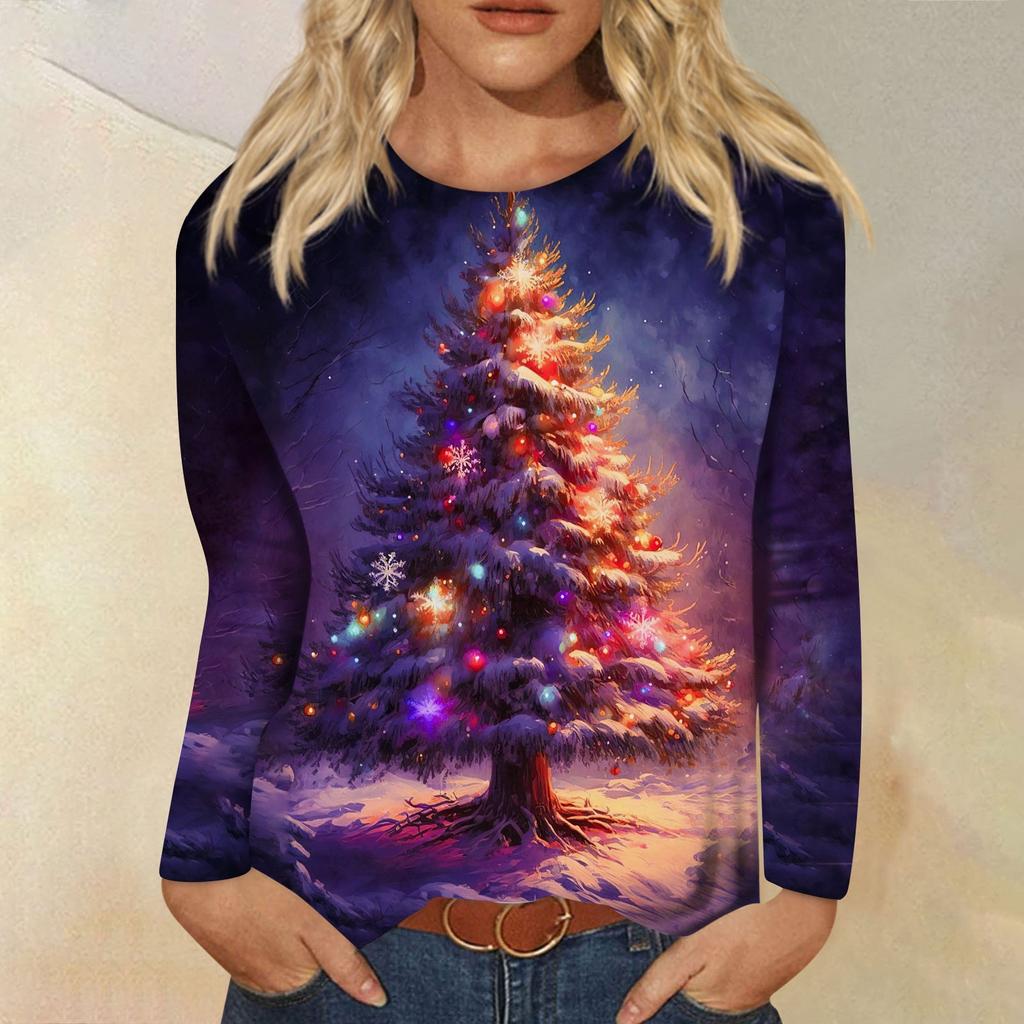 Женская мода Повседневная футболка с длинным рукавом с рождественским принтом и круглым вырезом Топ