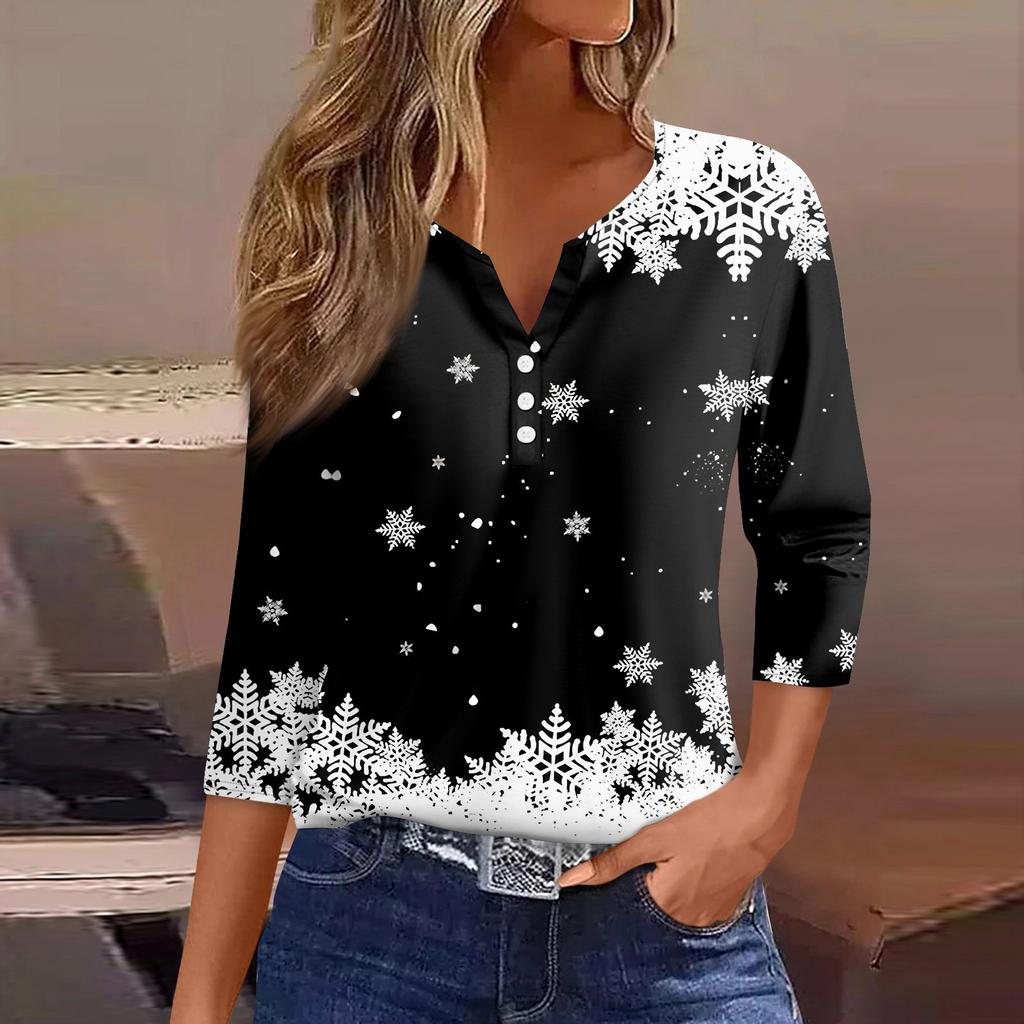 Женская футболка с рождественским принтом, на пуговицах, рукав 3/4, повседневная мода на выходные, базовый топ с V-образным вырезом