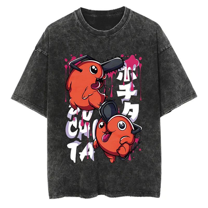 Chainsaw Man Anime Vintage Printed Washed T-shirt Women Men Harajuku Oversize Streetwear Y2K Tops Short Sleeve Tee