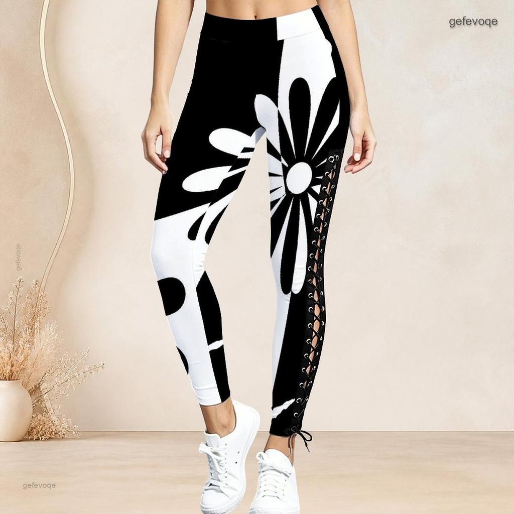 Women Plus Size High Waist Black White Striped Printed Side Eyelet Lace Up Full Length Leggings