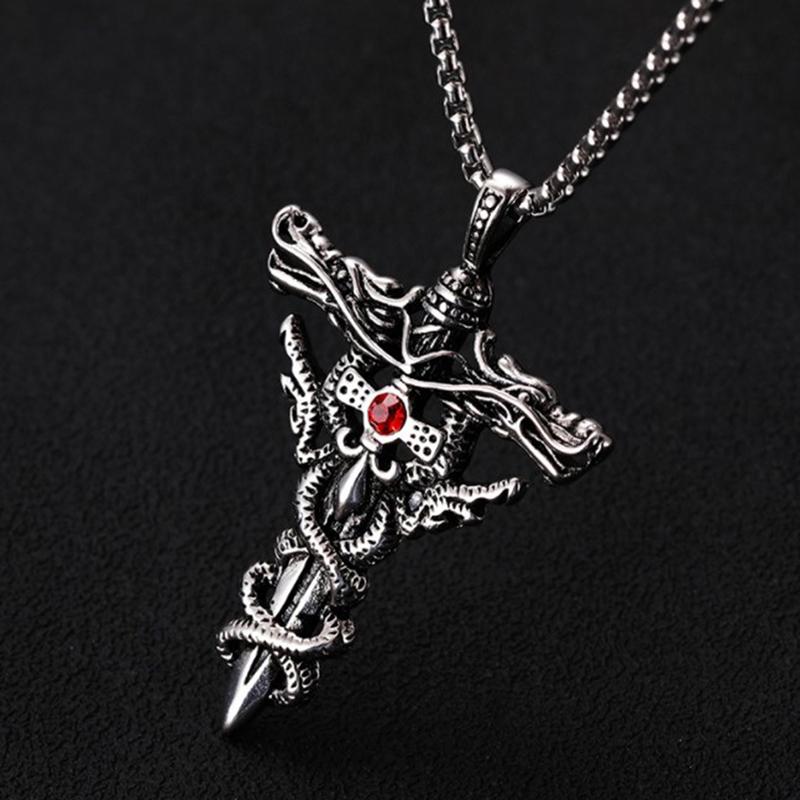 Двойной меч дракона из титановой стали, ожерелье, кулон, ретро-панк-крест