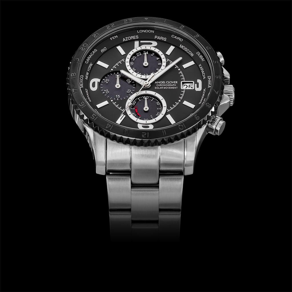 Mondo Solar Solar Chronograph Sapphire Glass Black Dial NMOS44SBBK Silver [Angel Clover] Men's