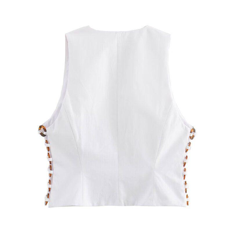Fashion Style Summer New Arrival Women's Hawksbill Effect Trim Vest-Style White Tops Mid-Waist Culottes 8338730