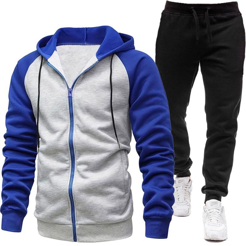 Men's Fashion Color Blocked Coat Long Sleeve Casual Sports Set Men's Top Pants