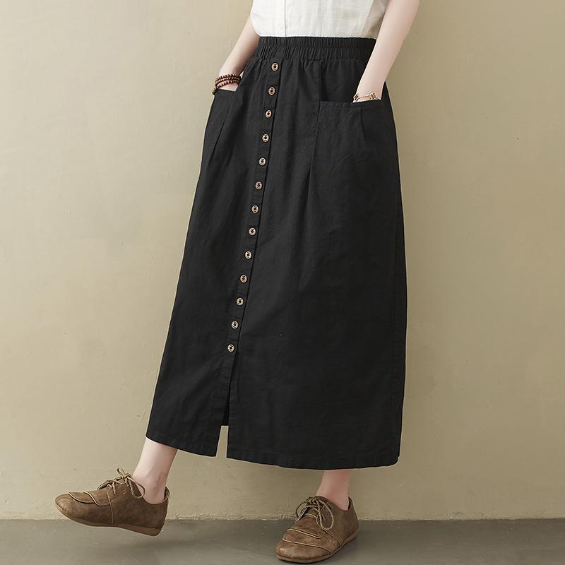 Plus Size Spring Summer Women Midi A-Line Skirt High Waist Black Khaki Coffee Buttons Skirt With Pockets Cotton Linen Simple Skirt