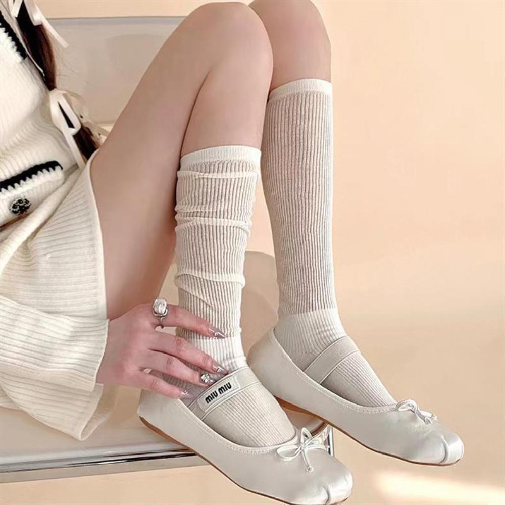 Solid Color Stacked Socks Breathable Mesh Long Socks New Mid Tube Socks  Women Girl