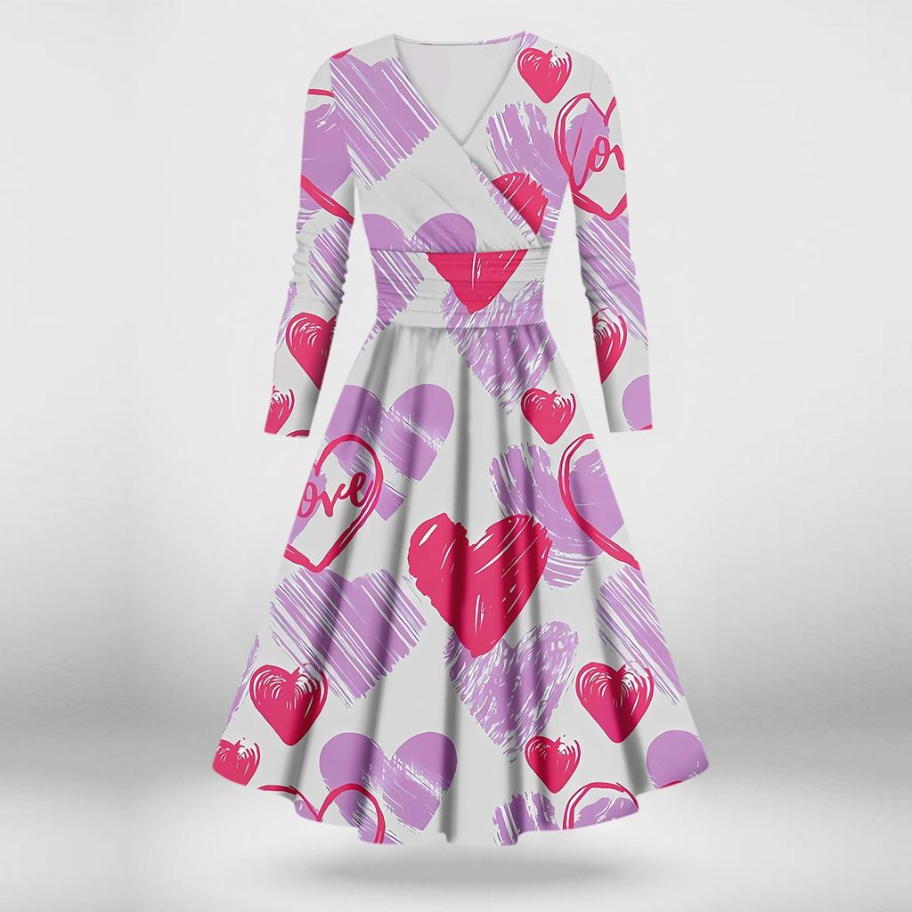 Женская мода повседневное сексуальное платье с длинным рукавом и v-образным вырезом с принтом ко Дню святого Валентина