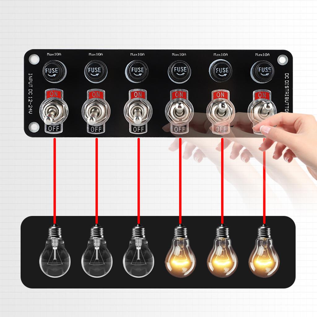 Rockers Switch, 6 Gang Round Rockers Switch Panel, Waterproof Easy-to-Install 12V 24V Switch 10A Fuses for Boats