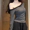 One Shoulder Fashion Striped Base Tees Women's Sexy Off Shoulder Long Sleeved Slim T-shirt High Street Y2k Casual Tops Autumn Winter New