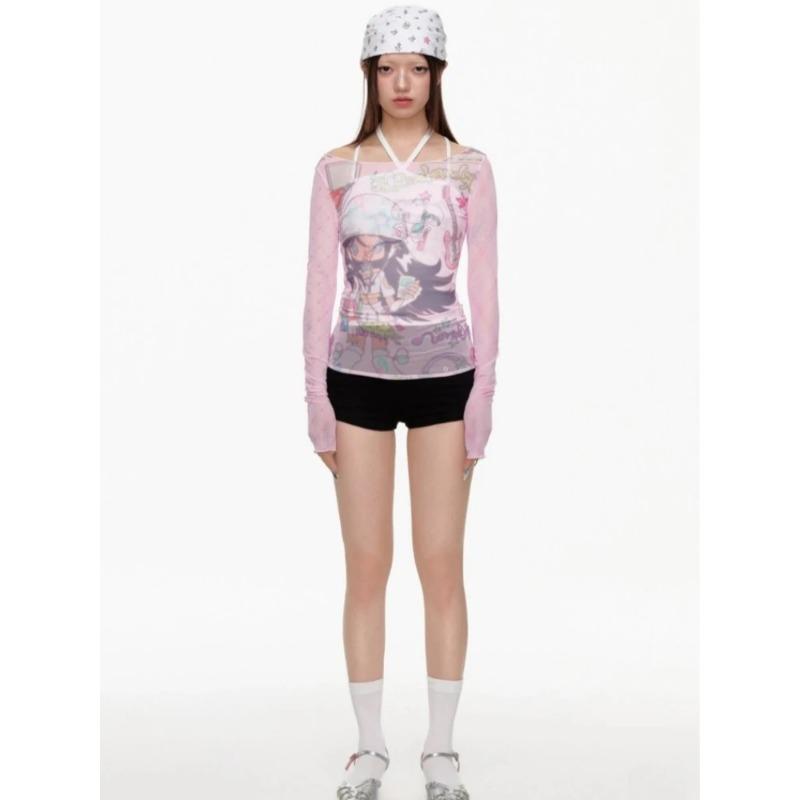 Розовые футболки Y2k Harajuku, женские футболки в японском стиле Kawaii, тонкие футболки с длинными рукавами и милым мультяшным принтом, мягкие топы для девочек 2000-х годов