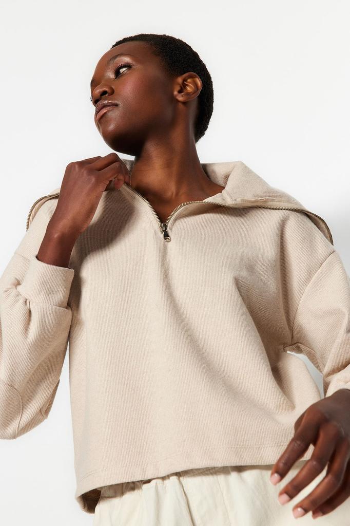 Women's Fashionable Stylish Sweatshirt Emerald Green Thessaloniki Knitwear Look Polo Neck Zippered Regular Knitted Sweatshirt