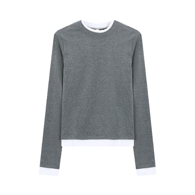 Женская футболка с длинным рукавом облегающего кроя, с эффектом двух предметов - Новинка ранней осени 2024 года, Универсальный пуловер с круглым вырезом.