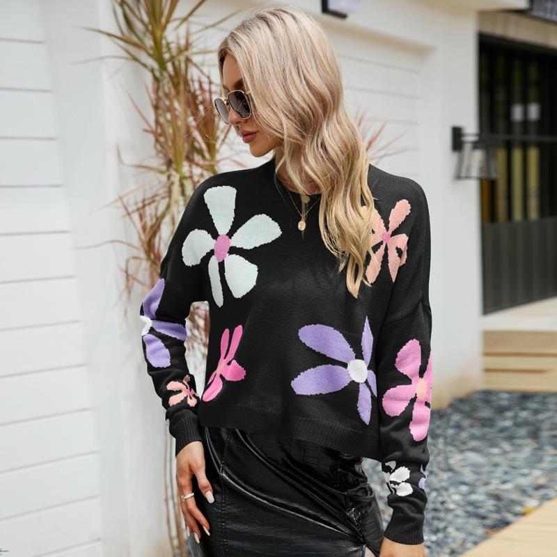 2024 Женский цветочный сладкий пуловер свободный свитер с длинными рукавами и круглым вырезом милый повседневный универсальный вязаный топ