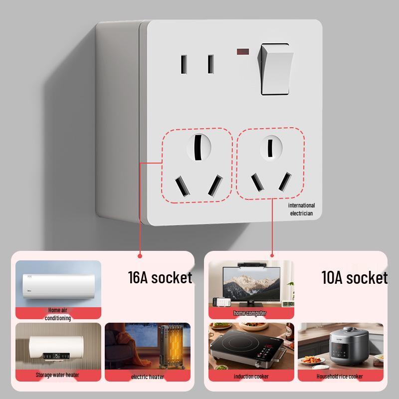 Surface Mount 86 Type 16A Single Gang 8-Hole Kitchen AC Wall Socket Panel with Switch