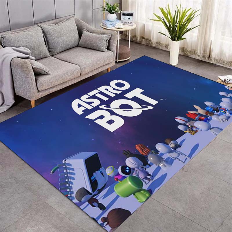 Astro Bot Game Area Rug, Blue Background All Robot Characters Group Print Floor Carpet for Gaming Room Bedroom Decor