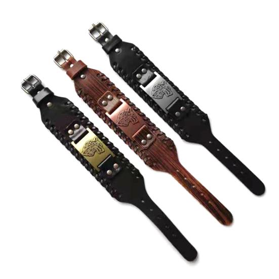 Мужской браслет, регулируемый широкий мягкий плетеный браслет из искусственной кожи в стиле ретро, ​​браслет-манжета с головой животного