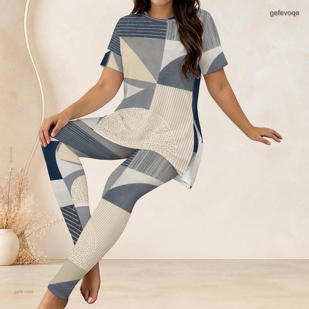 Women Plus Size Geometric Printed Round Neck Short Sleeve Long Top Fitted Pants Two Piece Set