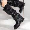 Кожаные массивные модные женские высокие сапоги на среднем каблуке с пряжкой дизайнерские высокие мотоциклетные сапоги до колена зима 2024 трендовые ботинки женские