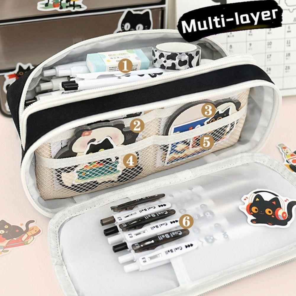 Black Cat Pen Bag Multi-layer Stationery Bag Cartoon Stationery Organizer Student Gift